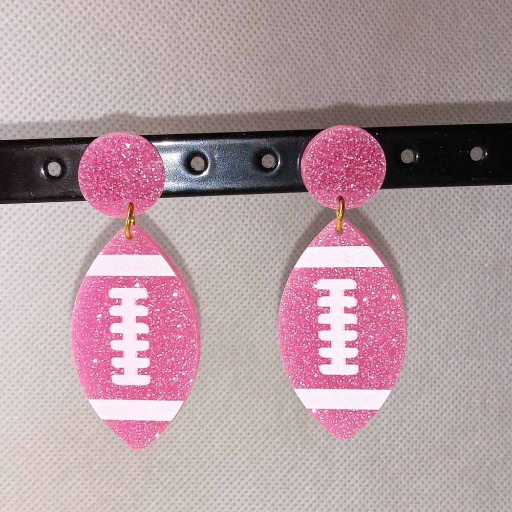 Pink Glitter Football Earrings, Ladies Sport Earrings - Picture 3 of 6